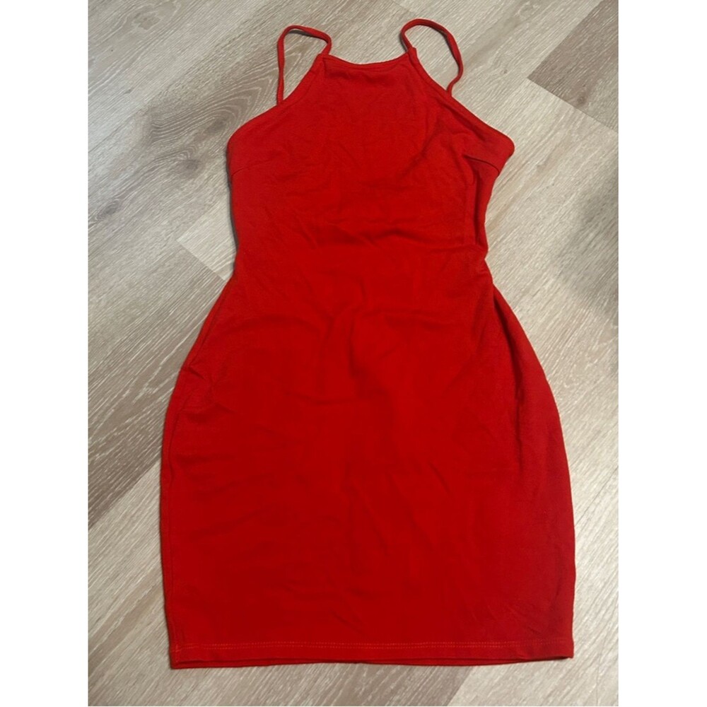 Iris Spaghetti Strap Bodycon Open Tied Back Mini Little Red Dress Sz Small